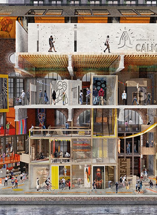 Interior Architecture design - an open side view of a multi-storey building showing all interior elements